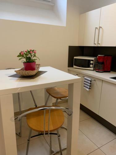 eine Küche mit einem Tisch, 2 Stühlen und einer Mikrowelle in der Unterkunft Ferienwohnungen im Osteiner Hof in Mainz
