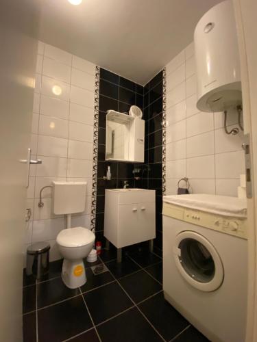 a bathroom with a toilet and a washing machine at Apartment Andrea in Trebinje