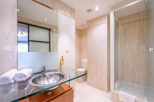 La salle de bains est pourvue d'un lavabo et d'une douche. dans l'établissement B-aparthotel Montgomery, à Bruxelles