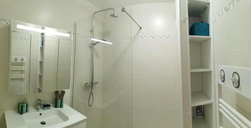 baño blanco con ducha y lavamanos en Grand appartement traversant 3 ch hyper-centre+Parking privé. en Le Touquet-Paris-Plage
