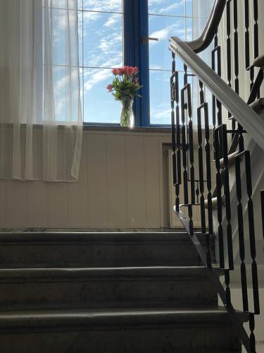a staircase with a vase of flowers in a window at Hotel Europa in Polanica-Zdrój
