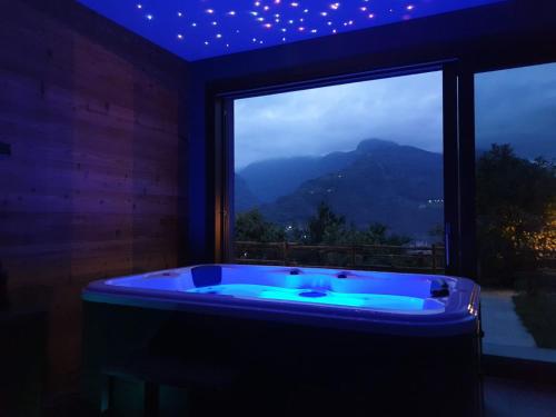 a jacuzzi tub in a room with a window at Affittacamere Verger Plein Soleil in Saint-Pierre