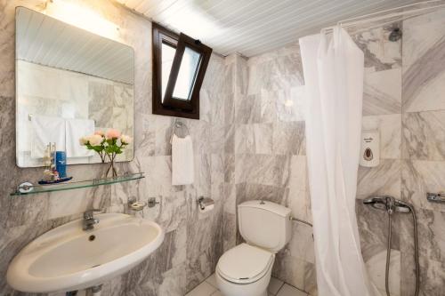 a bathroom with a sink and a toilet and a mirror at Chrousso Village in Paliouri