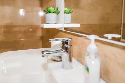 a bathroom sink with a faucet and a mirror at Guest House SARA in Žabljak