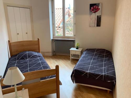 een slaapkamer met twee bedden en een raam bij Appartement le Marilyn in La Tour-du-Pin