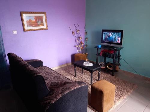 - un salon avec un canapé et une télévision dans l'établissement Résidence Janamaev, à Yaoundé