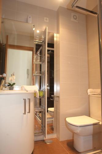 a bathroom with a toilet and a sink and a shower at Apartamento Los Canarios in Corcubión