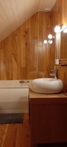 ein Badezimmer mit einem Waschbecken und einer Badewanne sowie Holzwänden in der Unterkunft Au Pied du Pont in Châteauneuf-du-Faou