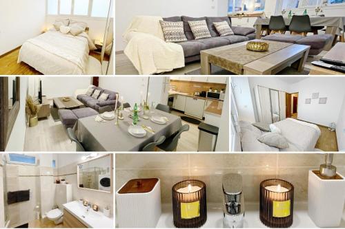 un collage de photos d'un salon et d'une cuisine dans l'établissement T2 LE BIEN ETRE MARSEILLE 9ème-wifi-netflix-Métro-Parking-Plage, à Marseille