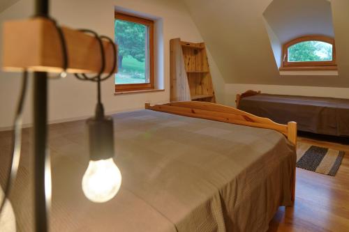 um quarto com uma cama com uma luz sobre ela em Öreghegyi Panoráma Villa, Balatonederics em Balatonederics