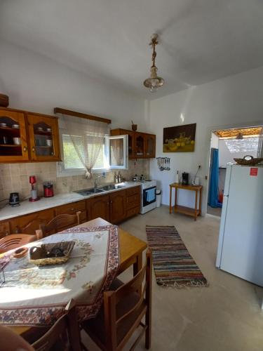 a kitchen with a table and a white refrigerator at Villa Evdokia in Kalymnos