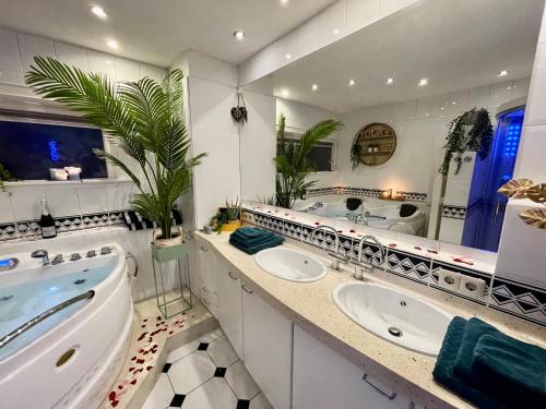 a bathroom with two sinks and a large mirror at Guesthouse Villa de Eikhof in Hengelo