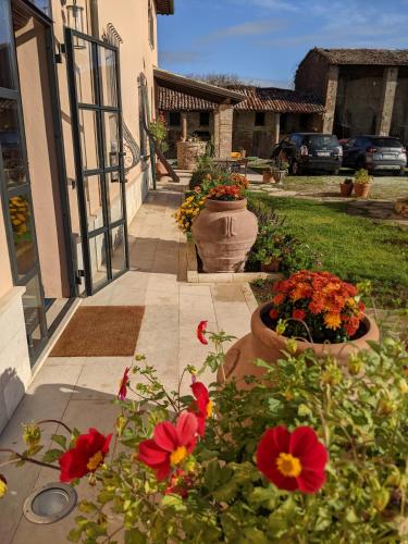 a patio with two large vases filled with flowers at Casale Boschi - Rifugio di Pianura in Cotignola