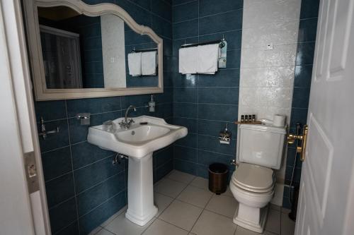 a bathroom with a sink and a toilet and a mirror at Boutique Hotel Anagennisis in Pýrgos