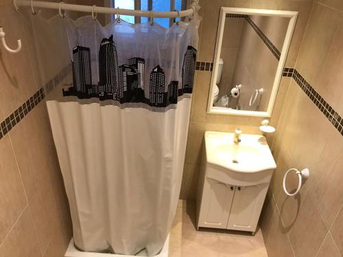 シエラ・デ・ロス・パードレスにあるValle Dorado Sierra de los Padresのシャワーカーテンと洗面台付きのバスルーム