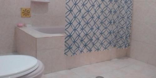 La salle de bains est pourvue de toilettes et d'un rideau de douche. dans l'établissement Cubico Tota, à Praia