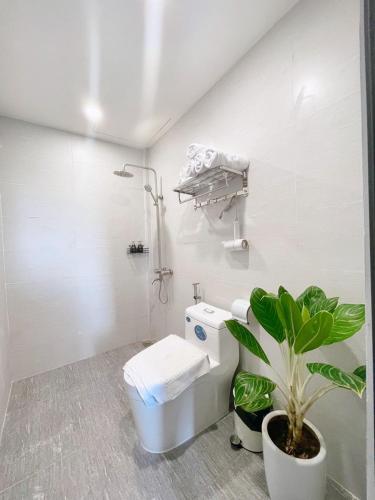 a white bathroom with a toilet and a plant at Bông Villa Hotel & Apartment in Kon Tum