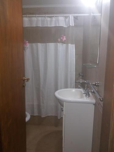 a bathroom with a sink and a shower curtain at HOSPEDAJE DEL PARQUE- Zona centro de Monte Grande-15 min del Aeropuerto de EZE!! ESTACIONAMIENTO GRATIS! in Monte Grande
