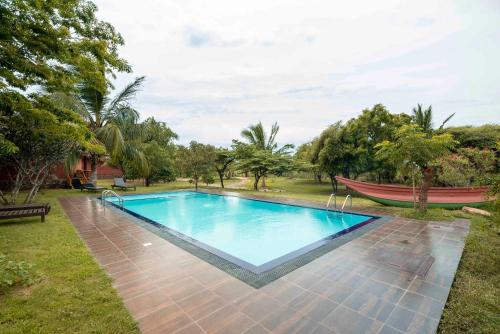 a swimming pool with a hammock next to a yard at Yala Peace Cottages in Tissamaharama