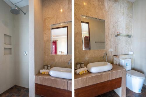 two pictures of a bathroom with a sink and a toilet at Eagles Nest Villa in Ko Lanta