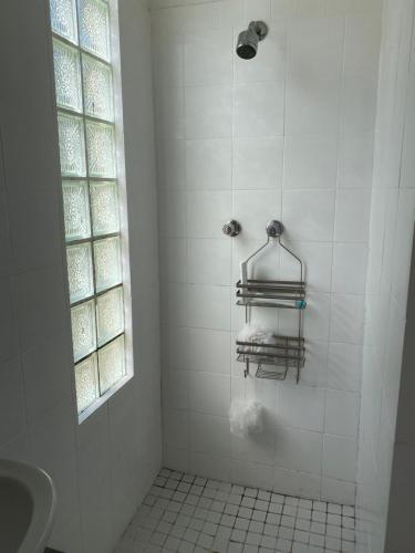 baño con ducha con lavabo y ventana en Hillcrest Haven cottage 1, en Hillcrest