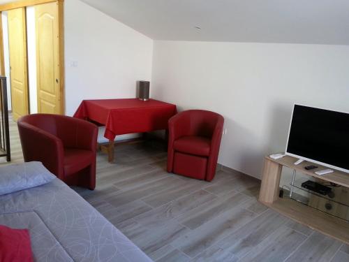 Habitación con 1 cama, 2 sillas y TV. en La Magnanerie de Fontfreyde en Gras