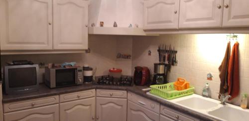 La cuisine est équipée de placards blancs, d'un four micro-ondes et d'un évier. dans l'établissement Monsoleil, à Outreau