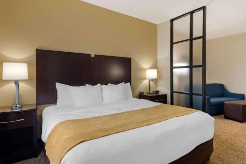 a hotel room with a large bed and a blue chair at Comfort Suites Byron Warner Robins in Byron
