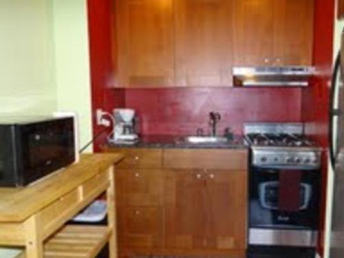 a kitchen with wooden cabinets and a sink and a stove at Luxury Studio by Rittenhouse Square in Philadelphia