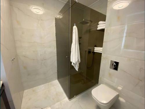 un bagno con doccia in vetro e WC di Lux 1-bedroom panoramic view Most City Center area a Dnipro