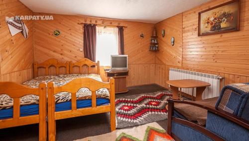 een slaapkamer met een bed en een tv in een kamer bij Сонне Царство in Vorochta