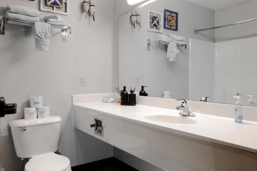 a white bathroom with a sink and a toilet at Pet-friendly Canal Park Condonear Lakewalk Pool in Duluth