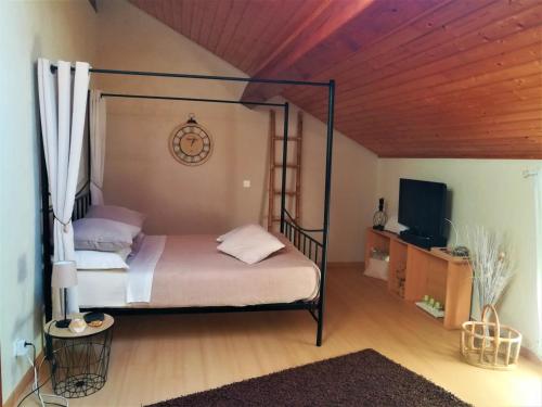 Saint-HippolyteにあるAu Monde de Maëlleのベッドルーム(天蓋付きベッド1台、テレビ付)