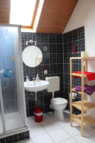 ein Bad mit einem WC, einem Waschbecken und einer Dusche in der Unterkunft Fewo Schillings in Kodersdorf