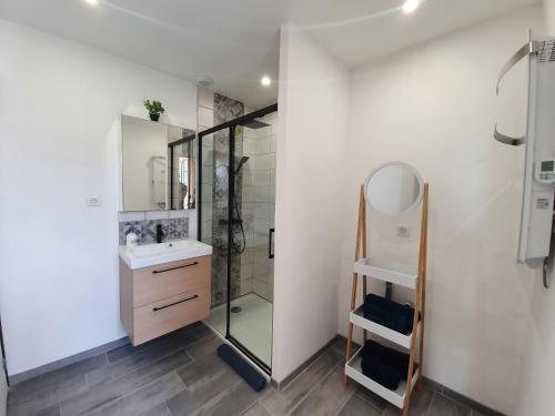 a bathroom with a shower and a sink and a mirror at Appartement chaleureux in Oignies