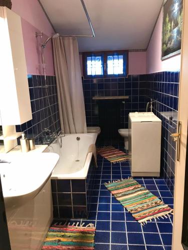 een blauw betegelde badkamer met een bad en een wastafel bij Valleverde in Caraglio