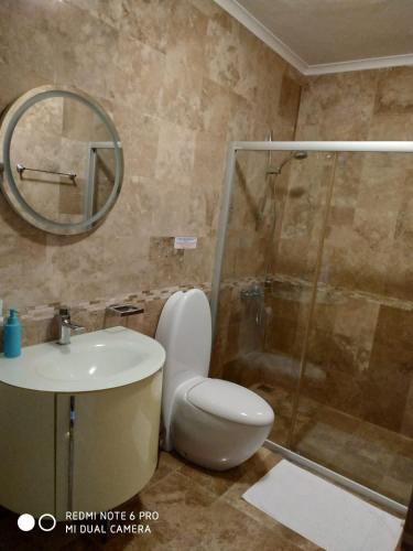 a bathroom with a shower and a toilet and a sink at Villa Bade in Dalyan