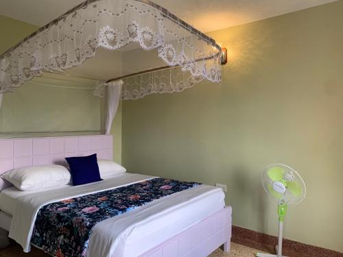 a bedroom with a canopy bed and a fan at Yonny’s Citadel in Jinja