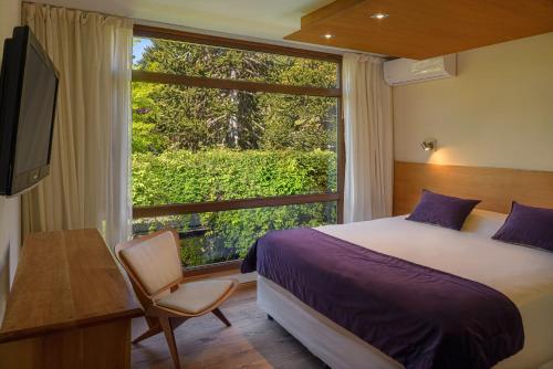 1 dormitorio con cama y ventana grande en Amonite Apart & Spa en San Martín de los Andes