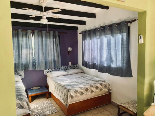 鷹海灘的住宿－三角梅阿魯巴別墅，探戈套房，一间卧室配有一张床和吊扇