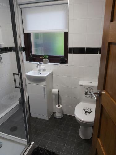 uma casa de banho com um lavatório, um WC e uma janela. em Seaton Brook Apartment em Liverpool