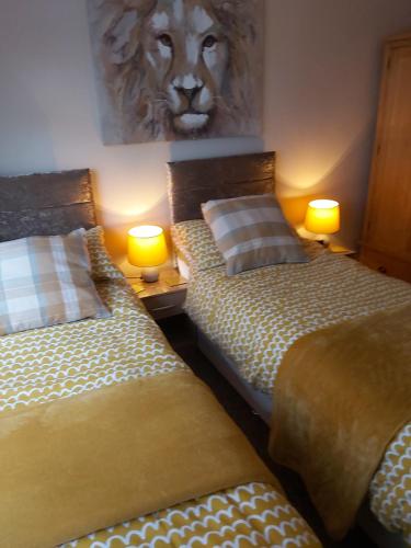 2 Betten in einem Zimmer mit 2 Lampen und einem Löwengemälde in der Unterkunft Seaton Brook Apartment in Liverpool