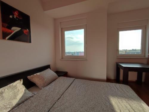 een slaapkamer met een bed en 2 ramen bij Apartman Ana in Bosanska Gradiška