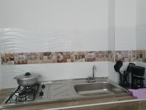 uma cozinha com um lavatório e uma panela no fogão em Apartamento Turistico Luna del Mar em San Andrés