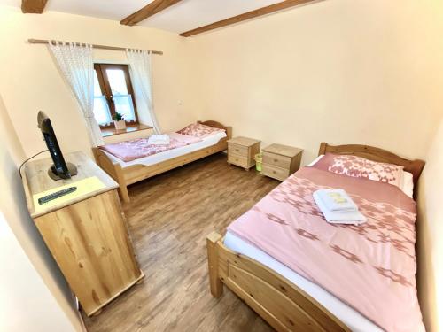 a small room with two beds and a mirror at Pension Laurent Ranch in Gottfrieding