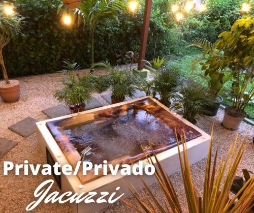 a hot tub in a garden with plants at Arenal Thiago with Private Jacuzzi in Fortuna