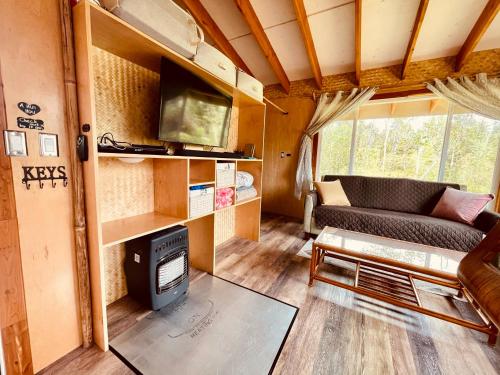 a living room with a couch and a tv in a caravan at Volcano Eco Cabin & Eco Lodge in Volcano