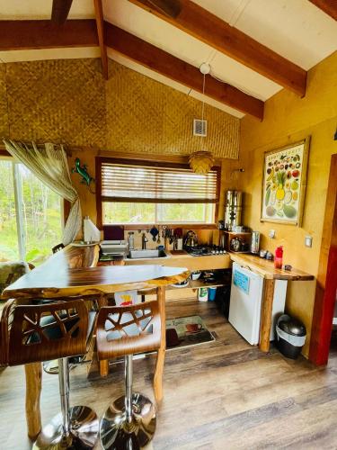 a kitchen with a large wooden table in a room at Volcano Eco Cabin & Eco Lodge in Volcano
