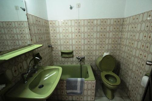 uma casa de banho com um lavatório verde e um WC em Hotel Platon em Faliraki