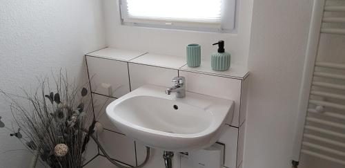 a bathroom with a white sink and a window at die RAMPE in Bad Lauterberg